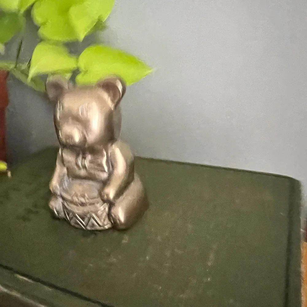 Vintage Brass Teddy Bear Figurine Playing Drum 3 Inch Small Nursery Shelf Decor